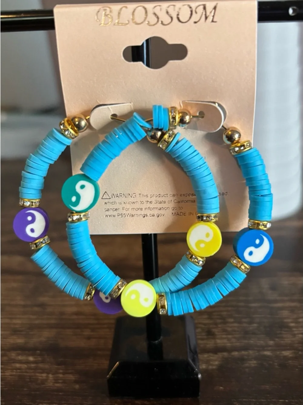 Turquoise‎ Heishi Bead Boho Hoop Earrings with Multicolor Yin Yang Charms